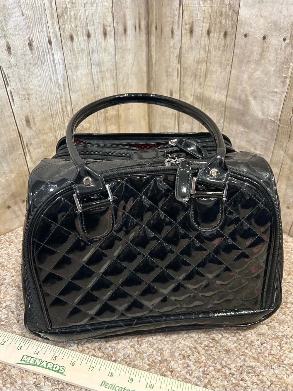 Caboodles Black Patent Quilted Train Case Makeup Travel Bag Organizer Polka Dot